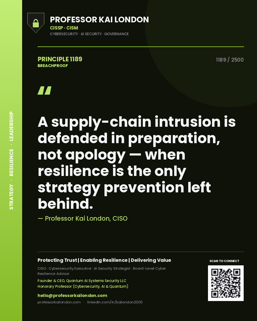 Quote card by Professor Kai London reading 'A supply-chain intrusion is defended in preparation, not apology — when resilience is the only strategy prevention left behind.'. From the book Breachproof.