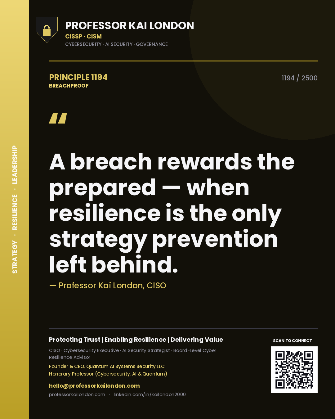 Quote card by Professor Kai London reading 'A breach rewards the prepared — when resilience is the only strategy prevention left behind.'. From the book Breachproof.
