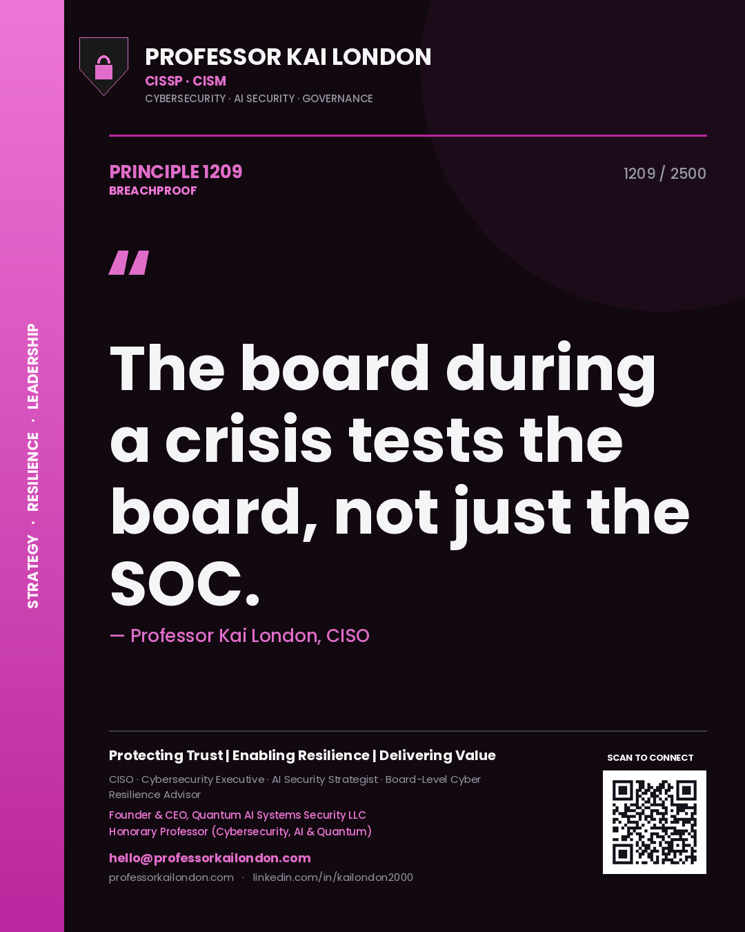 Quote card by Professor Kai London reading 'The board during a crisis tests the board, not just the SOC.'. From the book Breachproof.