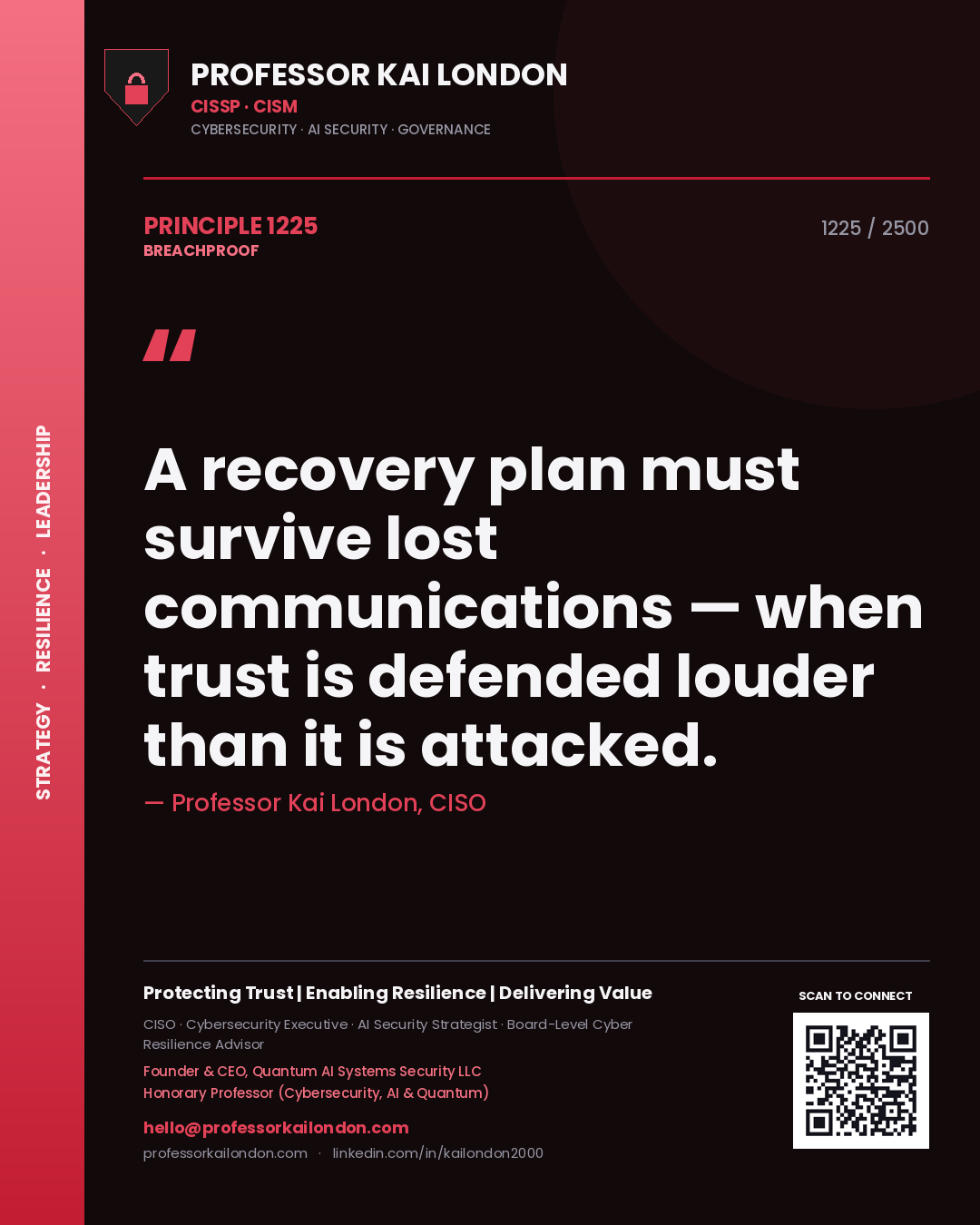 Quote card by Professor Kai London reading 'A recovery plan must survive lost communications — when trust is defended louder than it is attacked.'. From the book Breachproof.