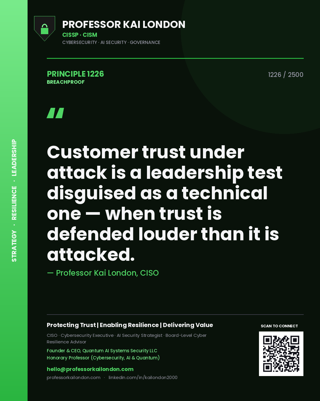 Quote card by Professor Kai London reading 'Customer trust under attack is a leadership test disguised as a technical one — when trust is defended louder than it is attacked.'. From the book Breachproof.