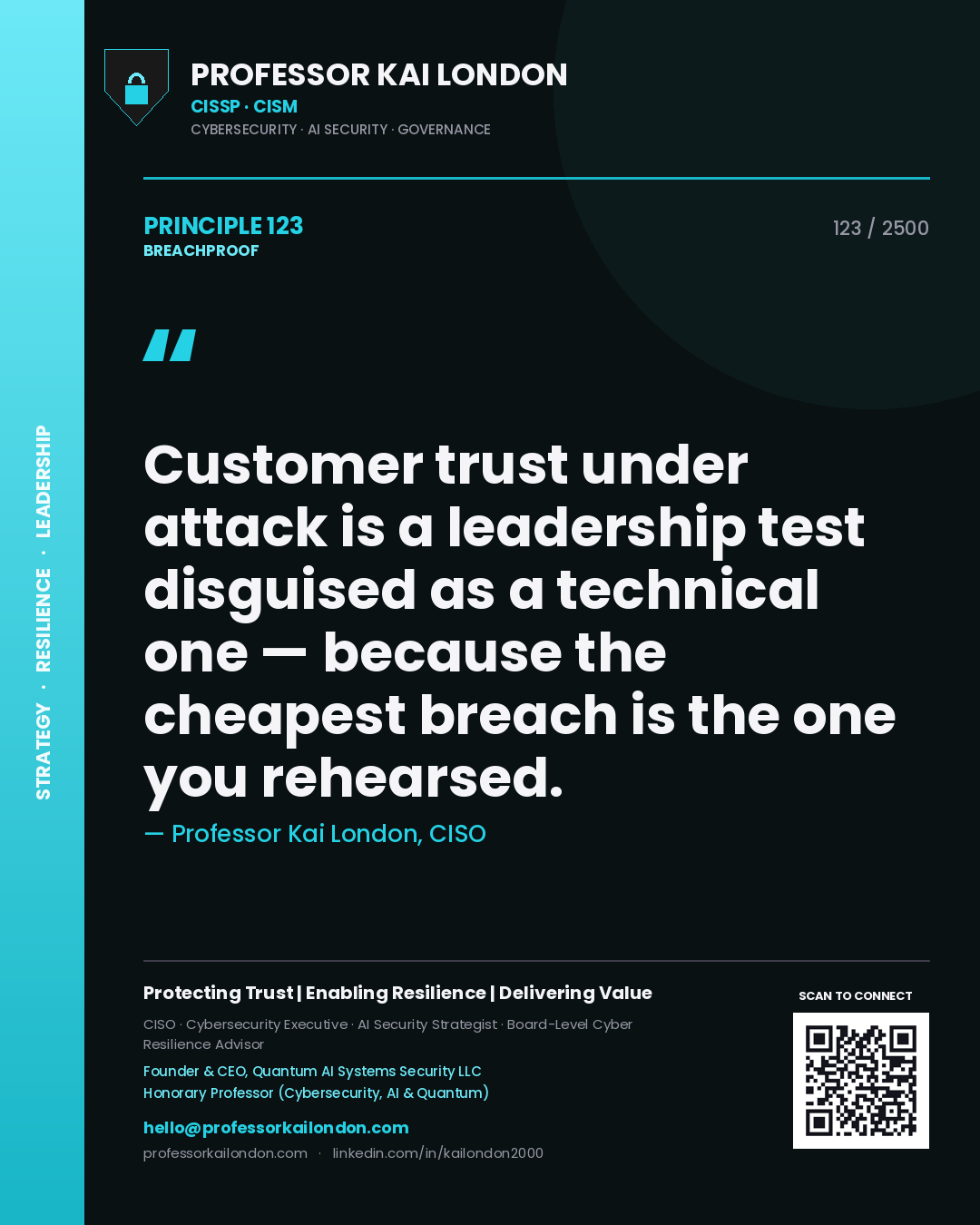 Quote card by Professor Kai London reading 'Customer trust under attack is a leadership test disguised as a technical one — because the cheapest breach is the one you rehearsed.'. From the book Breachproof.