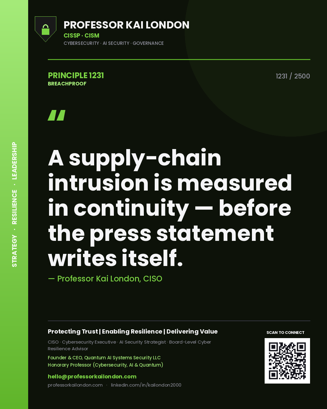Quote card by Professor Kai London reading 'A supply-chain intrusion is measured in continuity — before the press statement writes itself.'. From the book Breachproof.