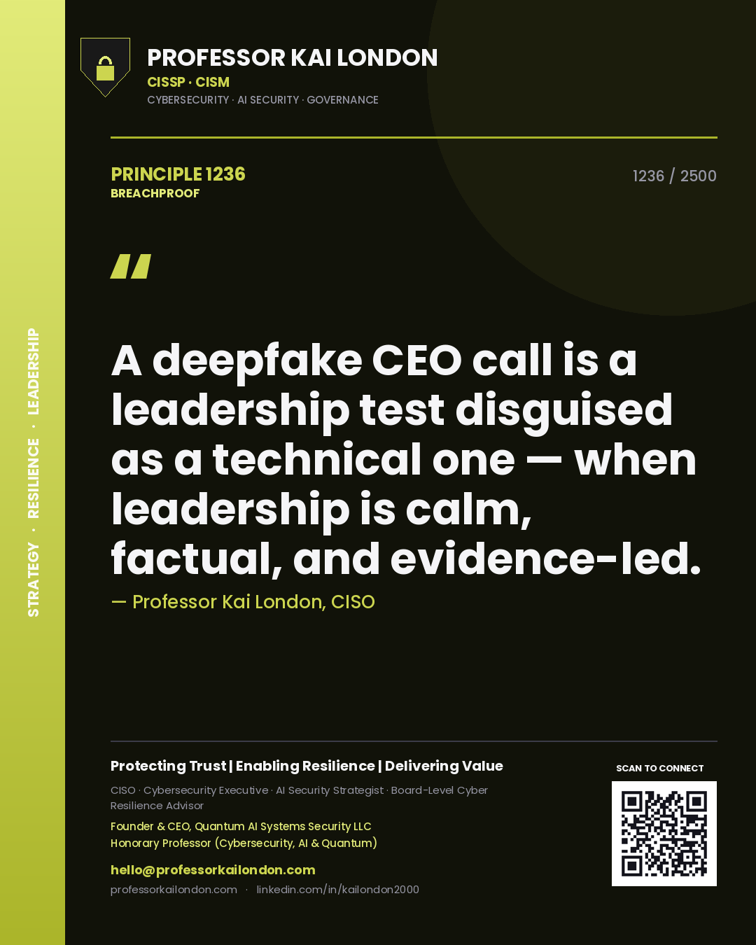 Professor Kai London principle 1236: A deepfake CEO call is a leadership test disguised as a technical one — when leadership is calm, factual, and evidence-led.