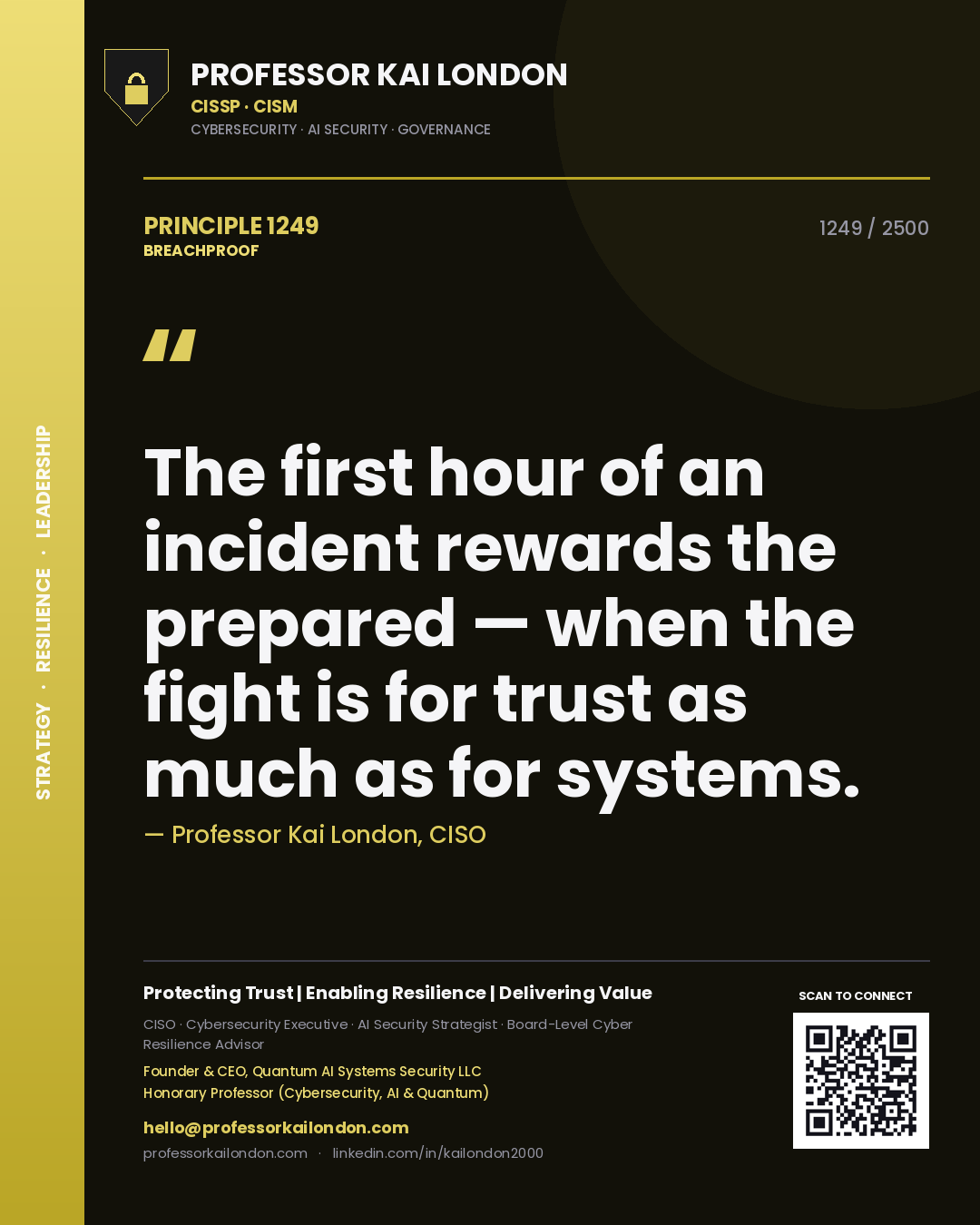 Quote card by Professor Kai London reading 'The first hour of an incident rewards the prepared — when the fight is for trust as much as for systems.'. From the book Breachproof.