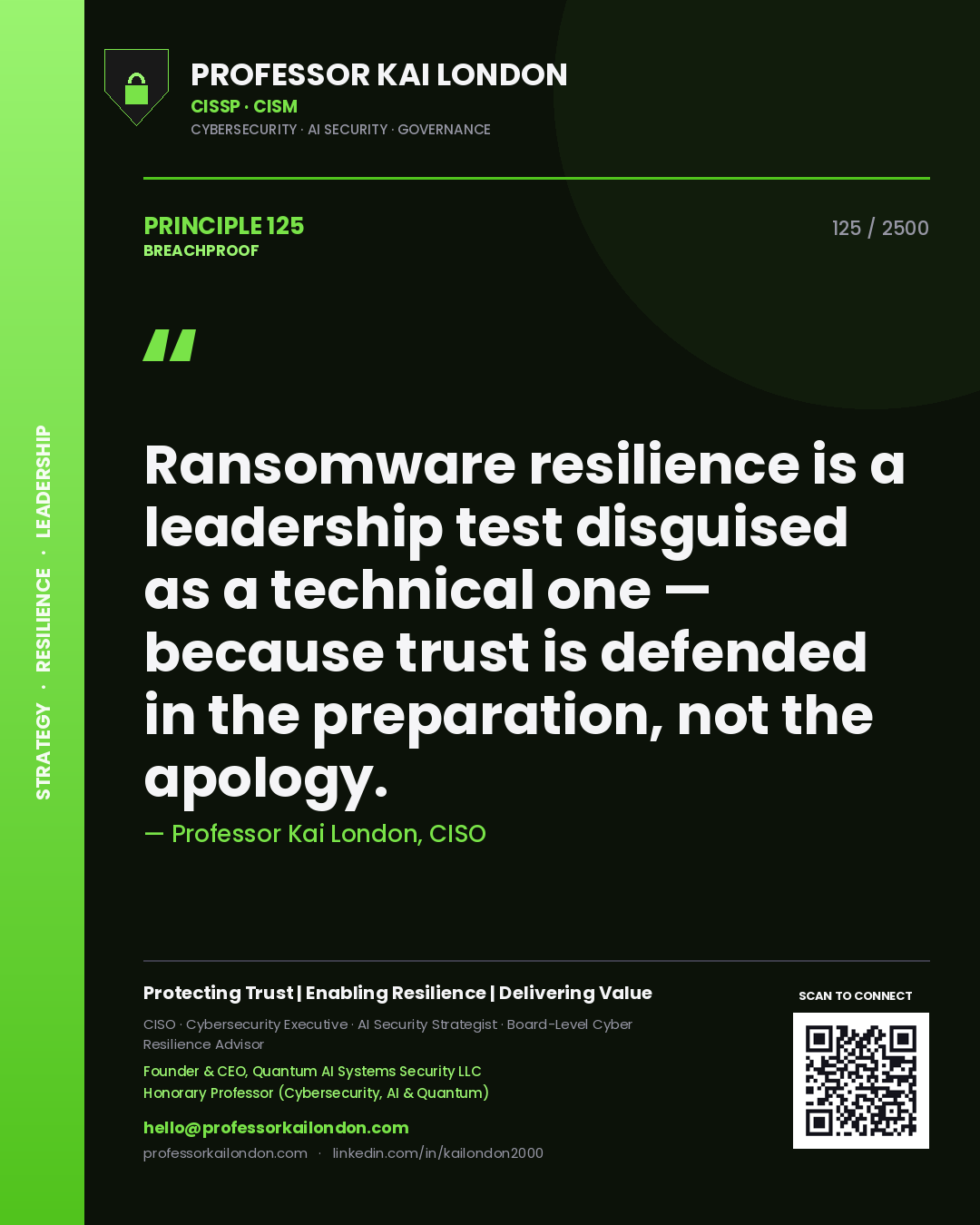 Quote card by Professor Kai London reading 'Ransomware resilience is a leadership test disguised as a technical one — because trust is defended in the preparation, not the apology.'. From the book Breachproof.