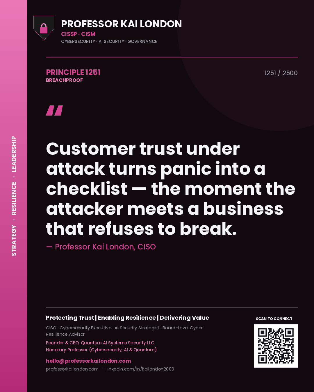Quote card by Professor Kai London reading 'Customer trust under attack turns panic into a checklist — the moment the attacker meets a business that refuses to break.'. From the book Breachproof.