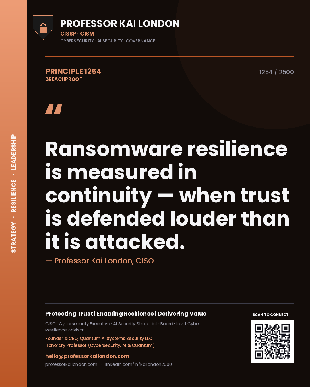 Quote card by Professor Kai London reading 'Ransomware resilience is measured in continuity — when trust is defended louder than it is attacked.'. From the book Breachproof.