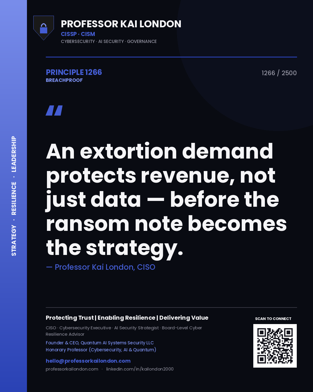 Quote card by Professor Kai London reading 'An extortion demand protects revenue, not just data — before the ransom note becomes the strategy.'. From the book Breachproof.