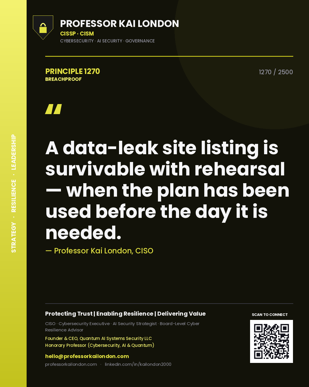 Quote card by Professor Kai London reading 'A data-leak site listing is survivable with rehearsal — when the plan has been used before the day it is needed.'. From the book Breachproof.
