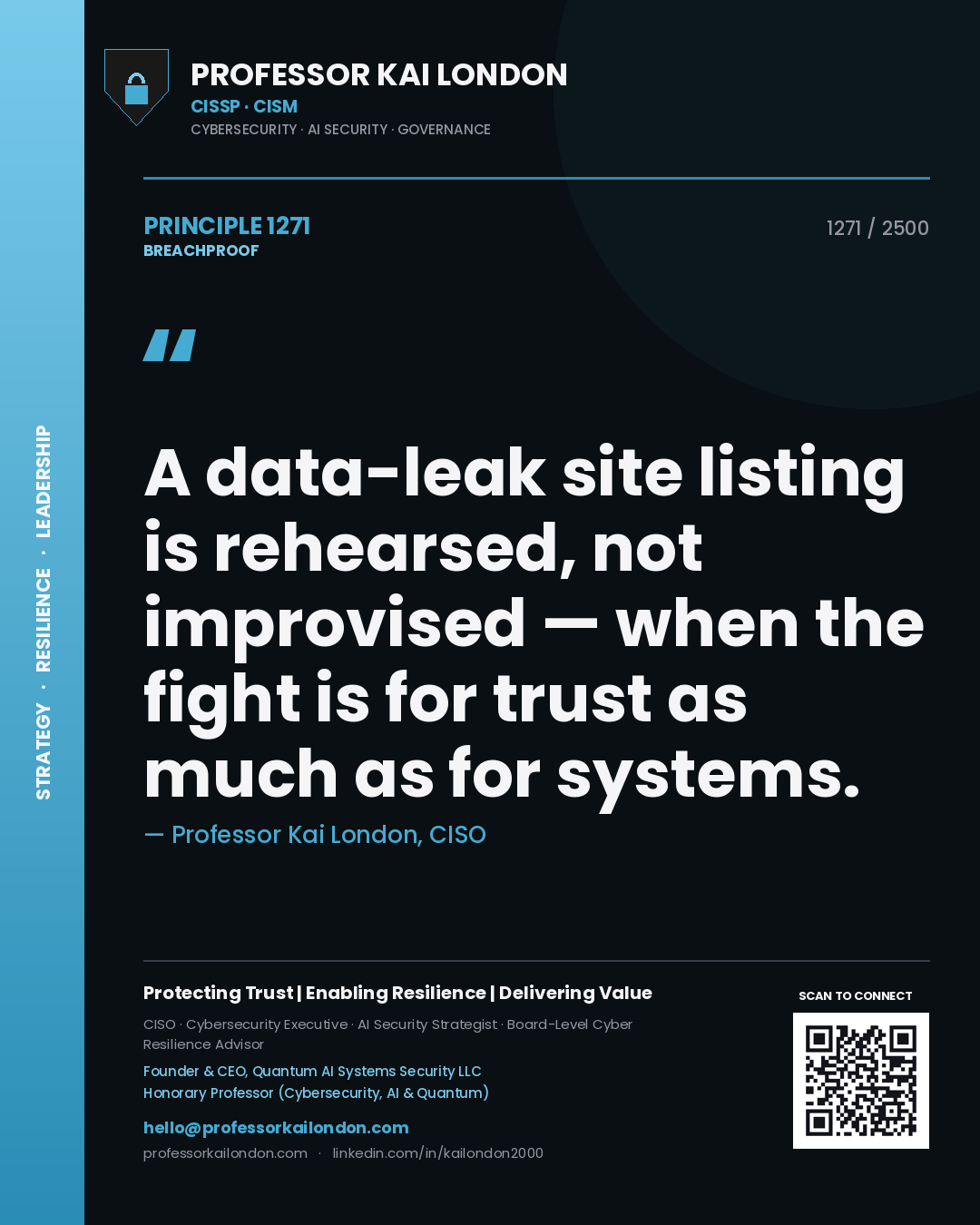 Quote card by Professor Kai London reading 'A data-leak site listing is rehearsed, not improvised — when the fight is for trust as much as for systems.'. From the book Breachproof.