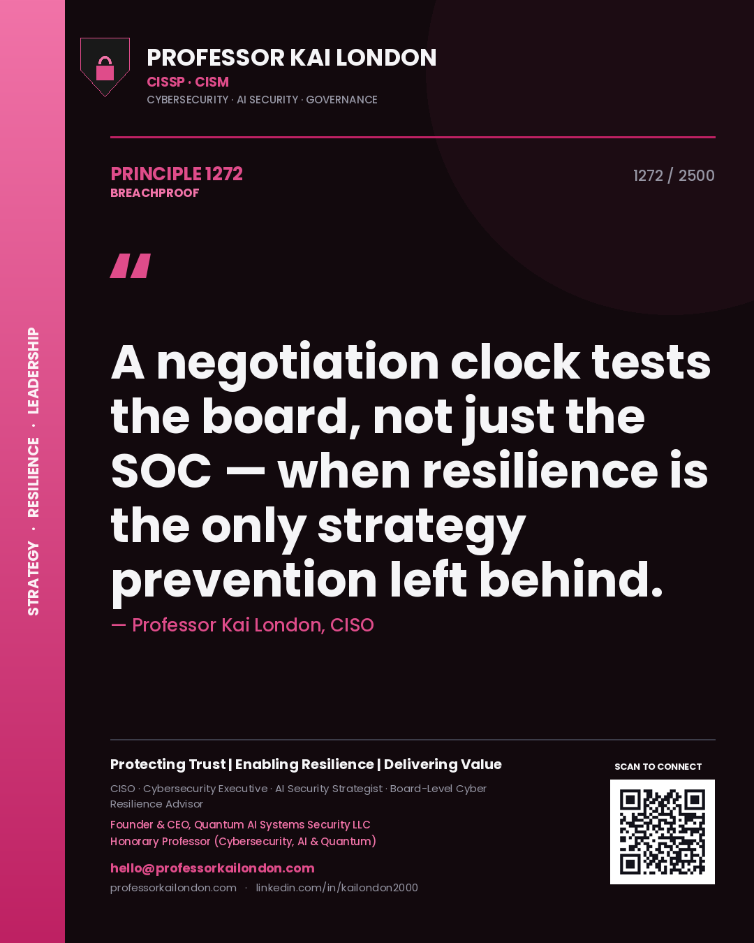 Professor Kai London principle 1272: A negotiation clock tests the board, not just the SOC — when resilience is the only strategy prevention left behind.