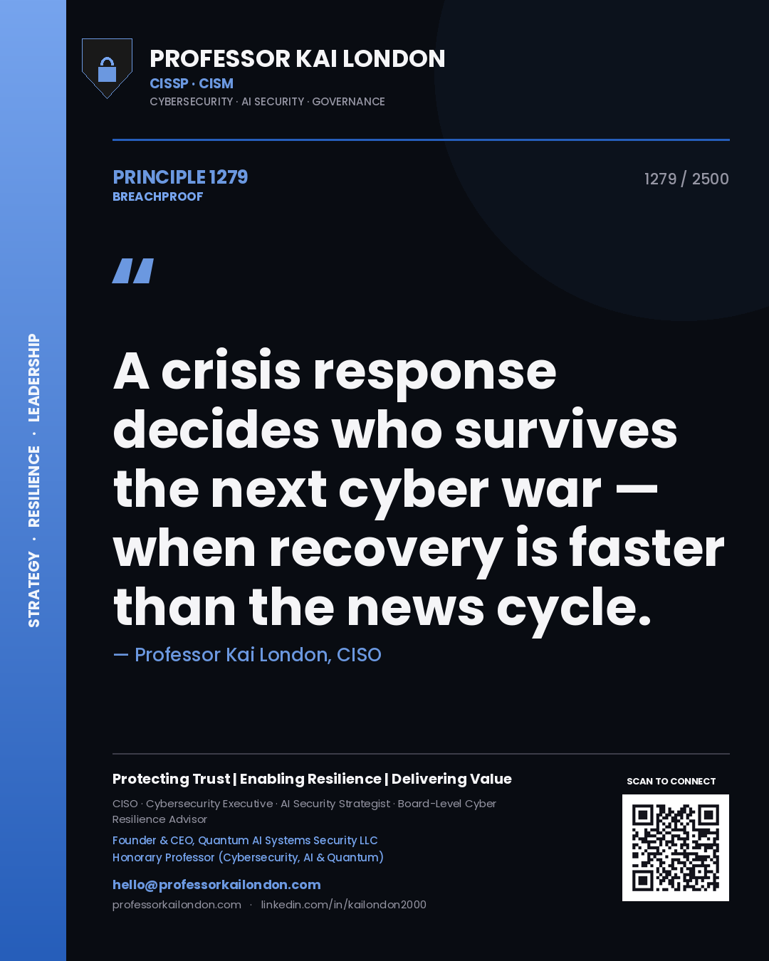 Quote card by Professor Kai London reading 'A crisis response decides who survives the next cyber war — when recovery is faster than the news cycle.'. From the book Breachproof.