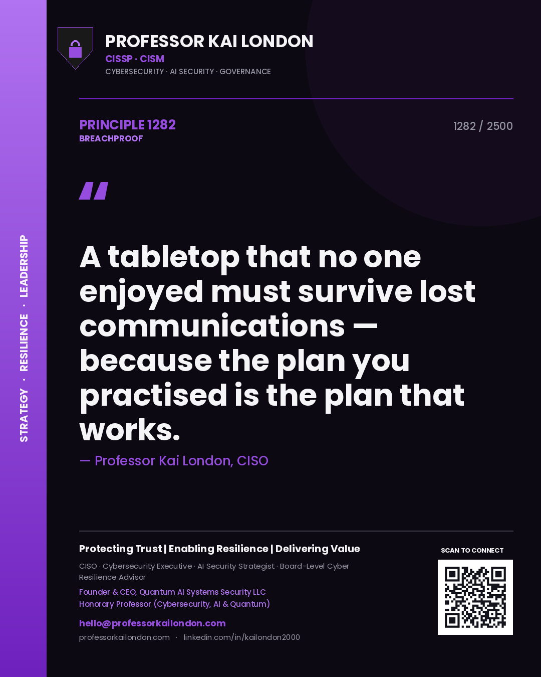 Quote card by Professor Kai London reading 'A tabletop that no one enjoyed must survive lost communications — because the plan you practised is the plan that works.'. From the book Breachproof.