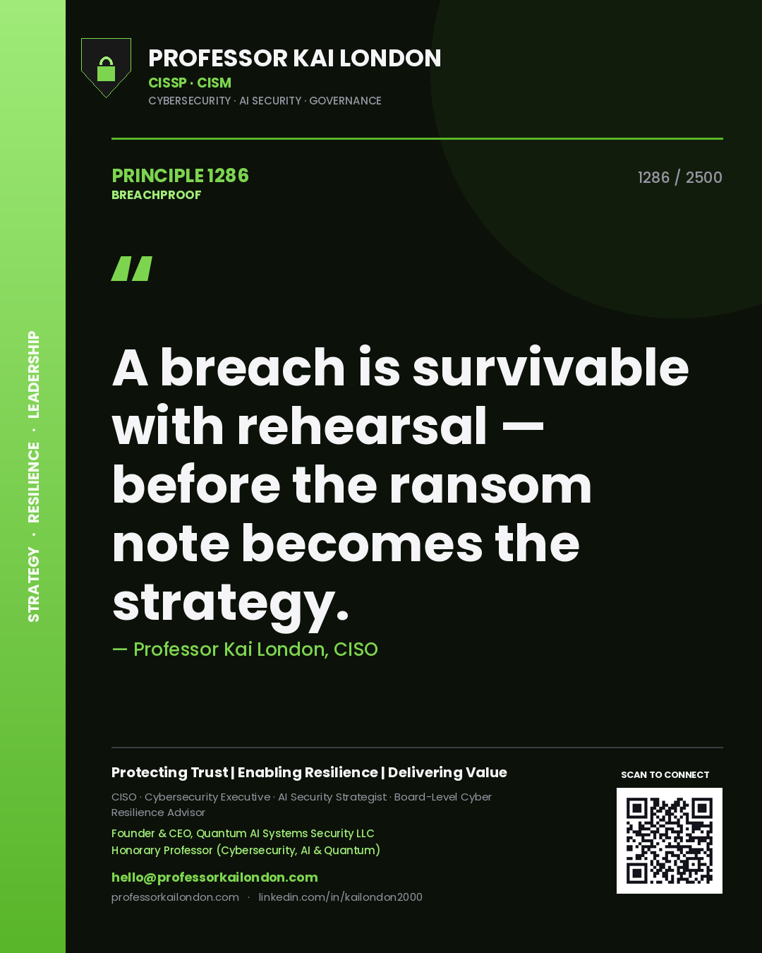 Quote card by Professor Kai London reading 'A breach is survivable with rehearsal — before the ransom note becomes the strategy.'. From the book Breachproof.