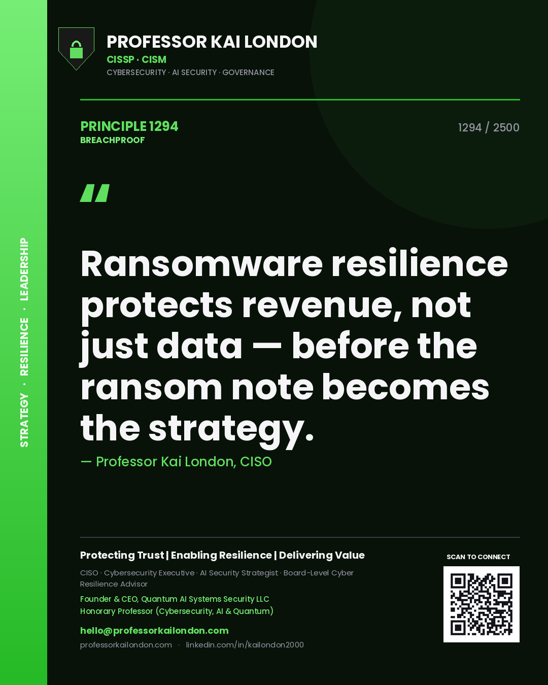 Quote card by Professor Kai London reading 'Ransomware resilience protects revenue, not just data — before the ransom note becomes the strategy.'. From the book Breachproof.
