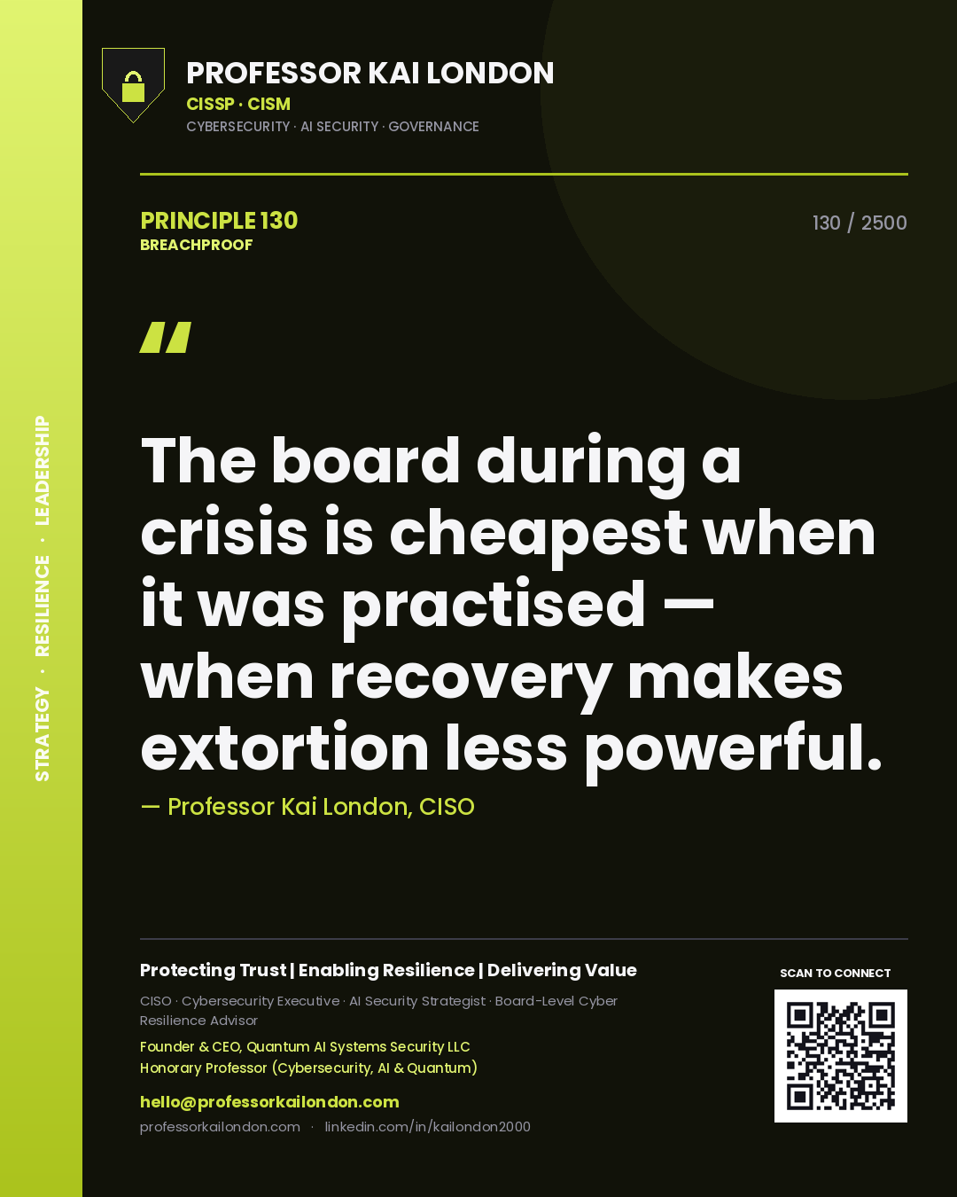Quote card by Professor Kai London reading 'The board during a crisis is cheapest when it was practised — when recovery makes extortion less powerful.'. From the book Breachproof.