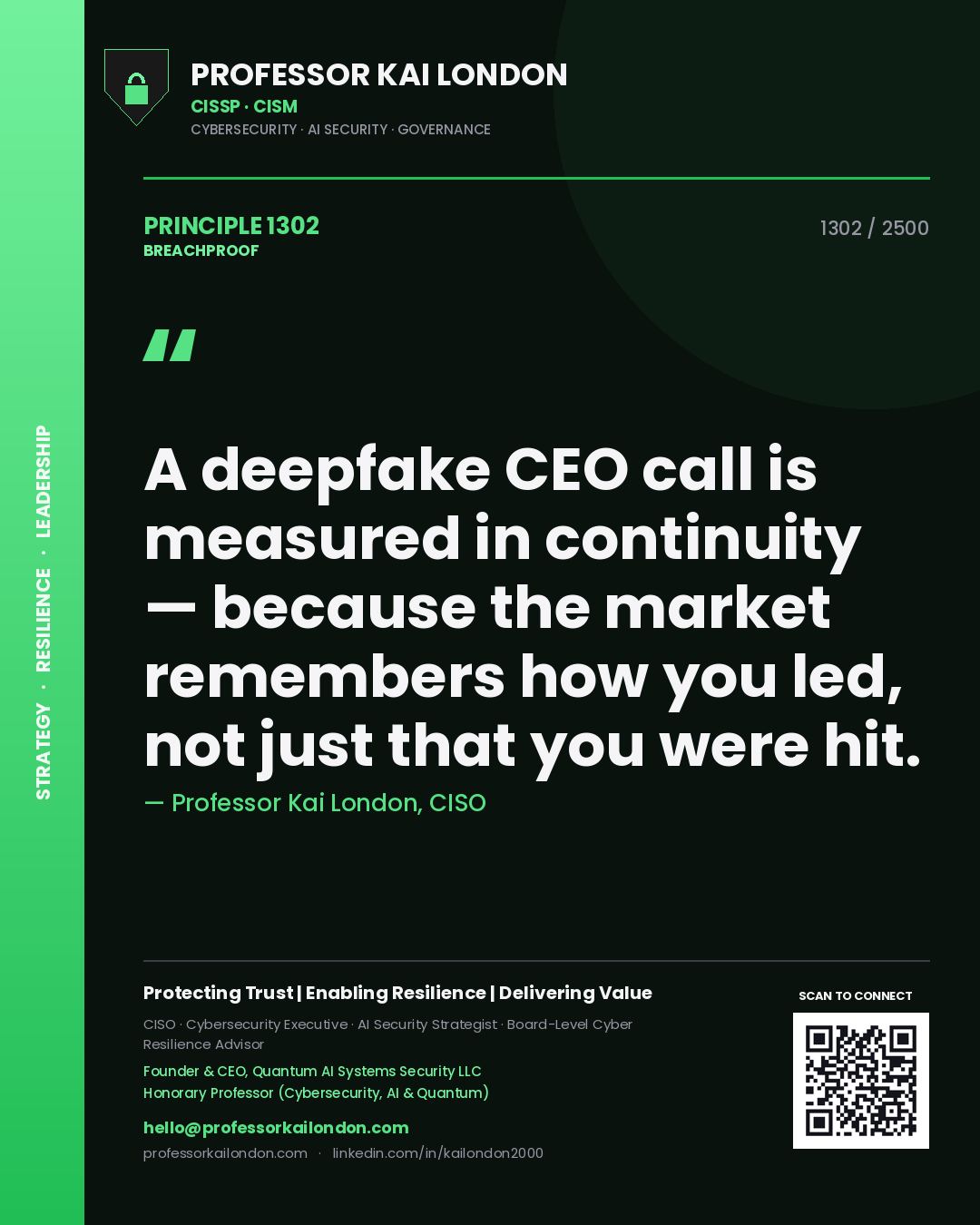 Quote card by Professor Kai London reading 'A deepfake CEO call is measured in continuity — because the market remembers how you led, not just that you were hit.'. From the book Breachproof.
