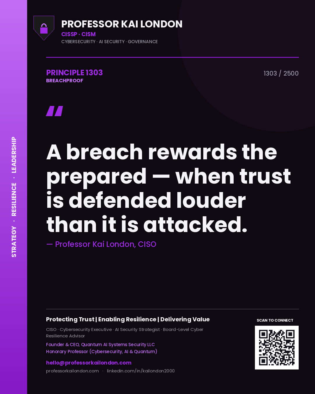 Quote card by Professor Kai London reading 'A breach rewards the prepared — when trust is defended louder than it is attacked.'. From the book Breachproof.
