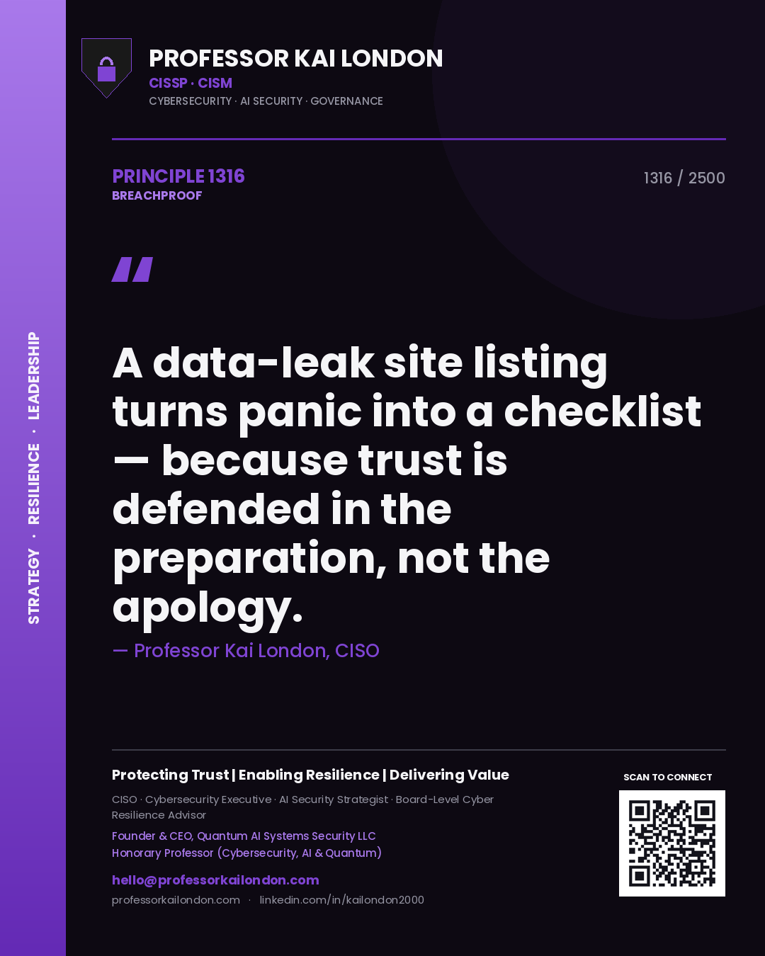 Quote card by Professor Kai London reading 'A data-leak site listing turns panic into a checklist — because trust is defended in the preparation, not the apology.'. From the book Breachproof.
