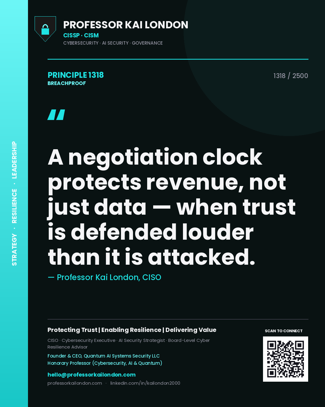 Quote card by Professor Kai London reading 'A negotiation clock protects revenue, not just data — when trust is defended louder than it is attacked.'. From the book Breachproof.