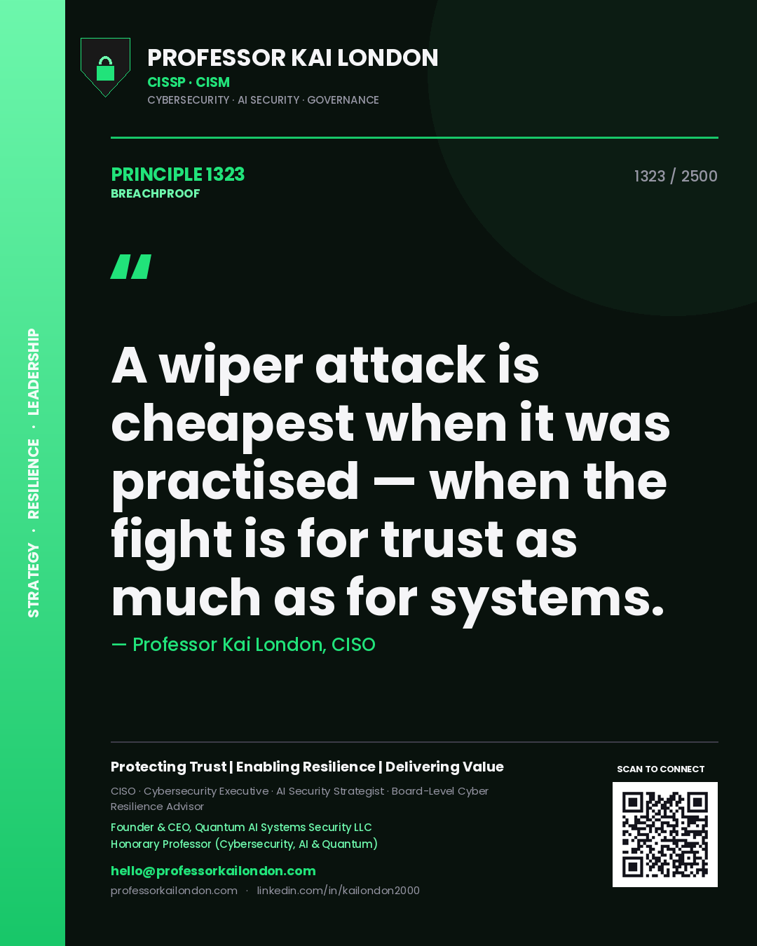 Quote card by Professor Kai London reading 'A wiper attack is cheapest when it was practised — when the fight is for trust as much as for systems.'. From the book Breachproof.