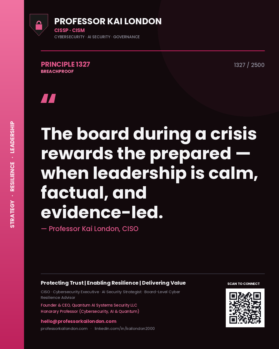 Quote card by Professor Kai London reading 'The board during a crisis rewards the prepared — when leadership is calm, factual, and evidence-led.'. From the book Breachproof.