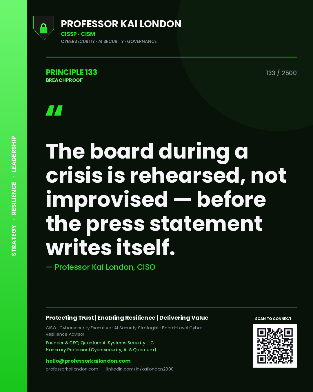 Quote card by Professor Kai London reading 'The board during a crisis is rehearsed, not improvised — before the press statement writes itself.'. From the book Breachproof.