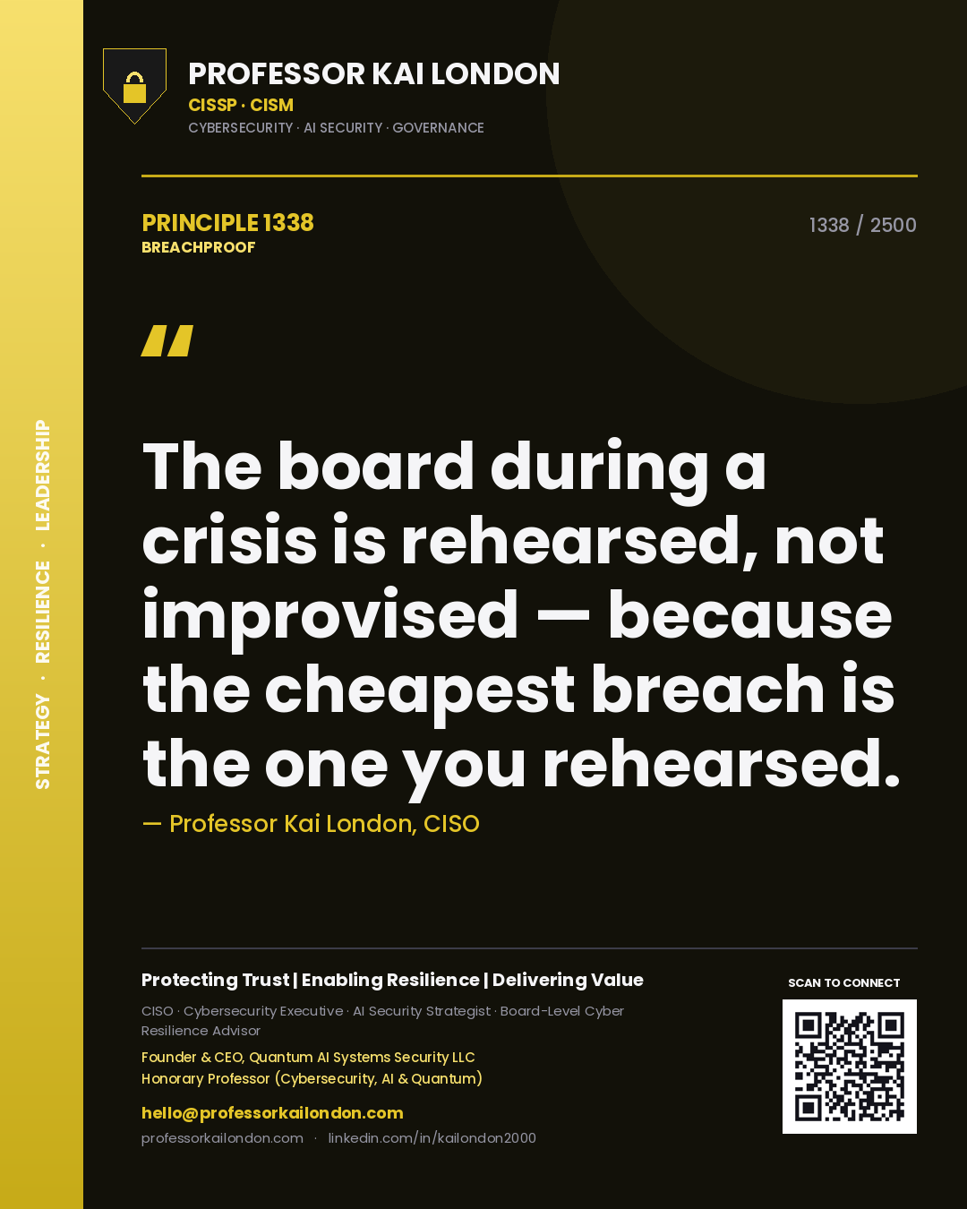 Quote card by Professor Kai London reading 'The board during a crisis is rehearsed, not improvised — because the cheapest breach is the one you rehearsed.'. From the book Breachproof.