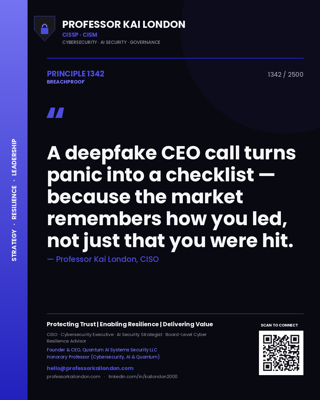 Quote card by Professor Kai London reading 'A deepfake CEO call turns panic into a checklist — because the market remembers how you led, not just that you were hit.'. From the book Breachproof.