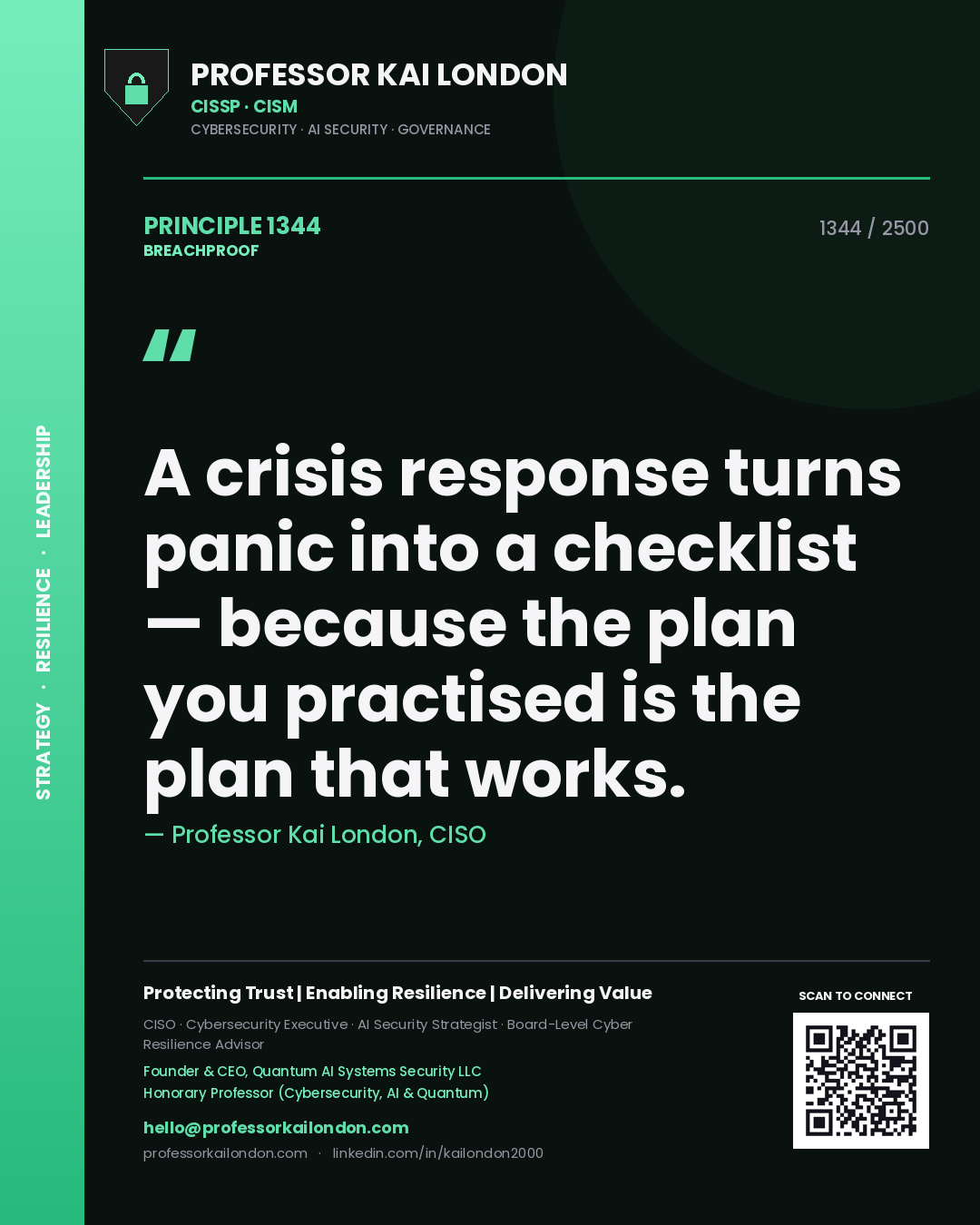 Quote card by Professor Kai London reading 'A crisis response turns panic into a checklist — because the plan you practised is the plan that works.'. From the book Breachproof.