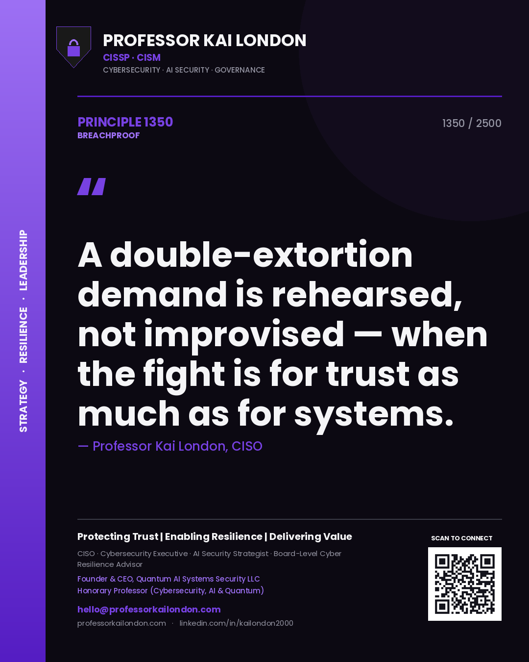 Quote card by Professor Kai London reading 'A double-extortion demand is rehearsed, not improvised — when the fight is for trust as much as for systems.'. From the book Breachproof.