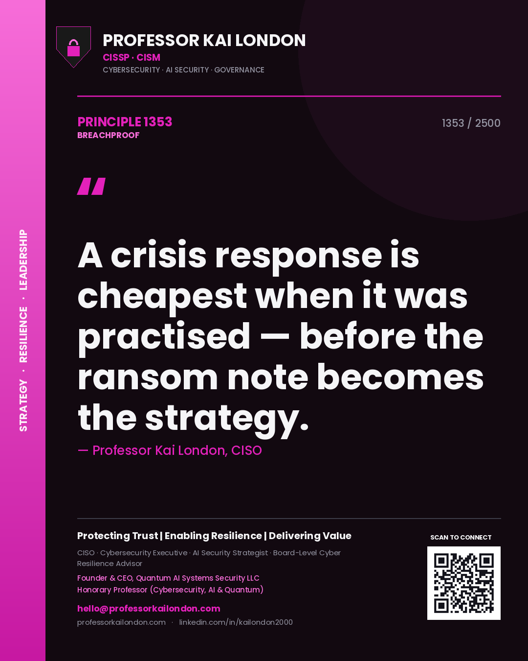 Quote card by Professor Kai London reading 'A crisis response is cheapest when it was practised — before the ransom note becomes the strategy.'. From the book Breachproof.
