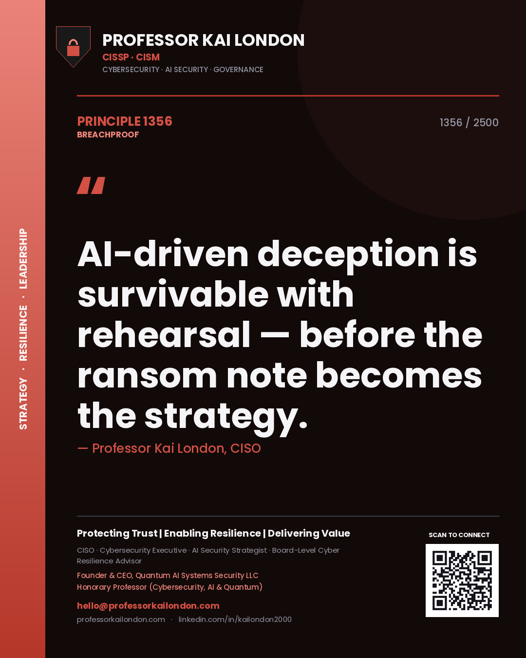 Quote card by Professor Kai London reading 'AI-driven deception is survivable with rehearsal — before the ransom note becomes the strategy.'. From the book Breachproof.