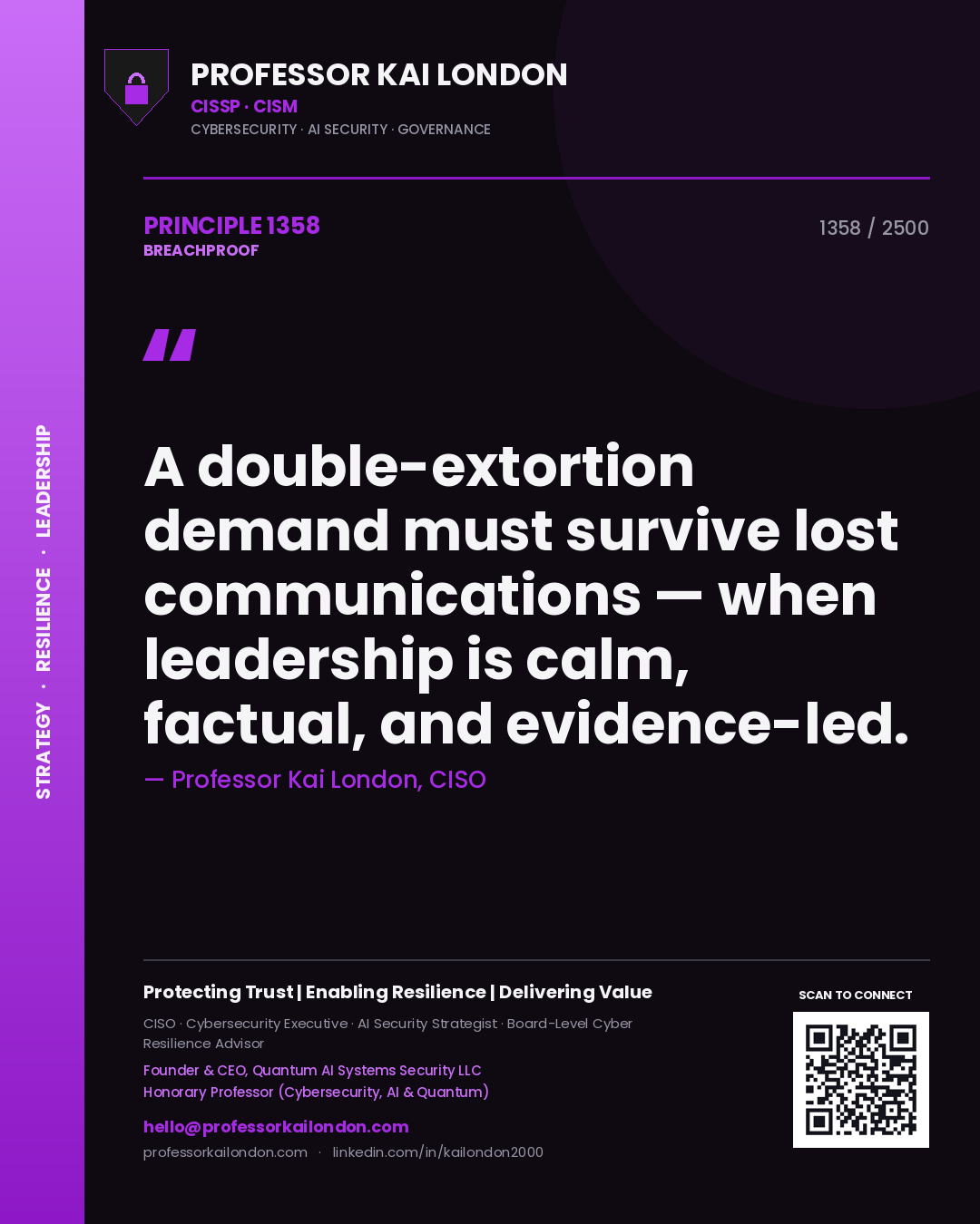 Quote card by Professor Kai London reading 'A double-extortion demand must survive lost communications — when leadership is calm, factual, and evidence-led.'. From the book Breachproof.