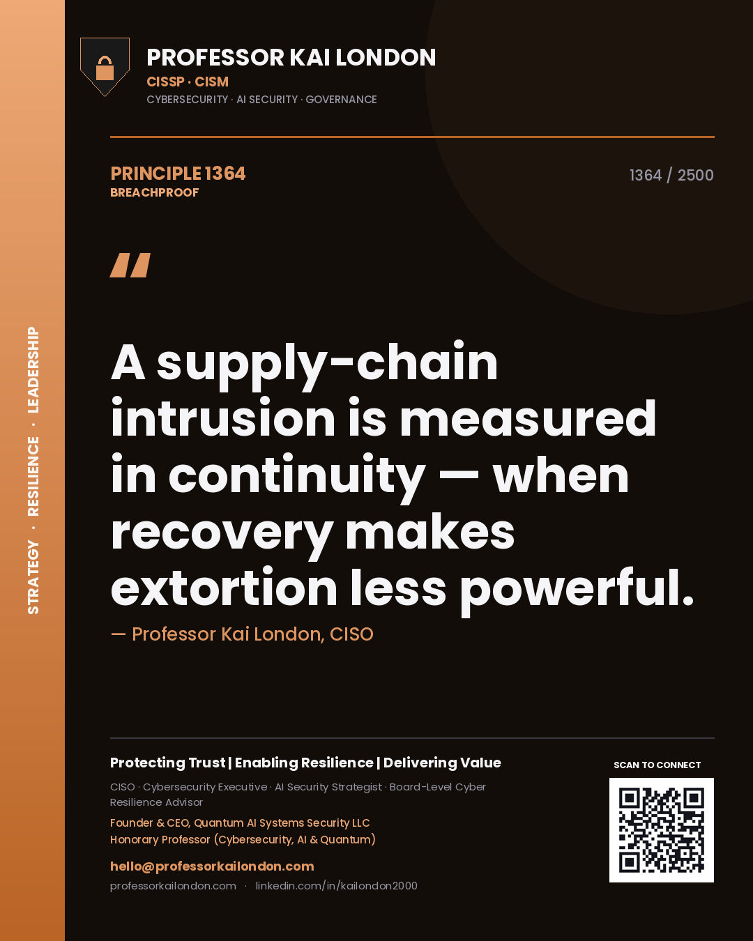 Quote card by Professor Kai London reading 'A supply-chain intrusion is measured in continuity — when recovery makes extortion less powerful.'. From the book Breachproof.