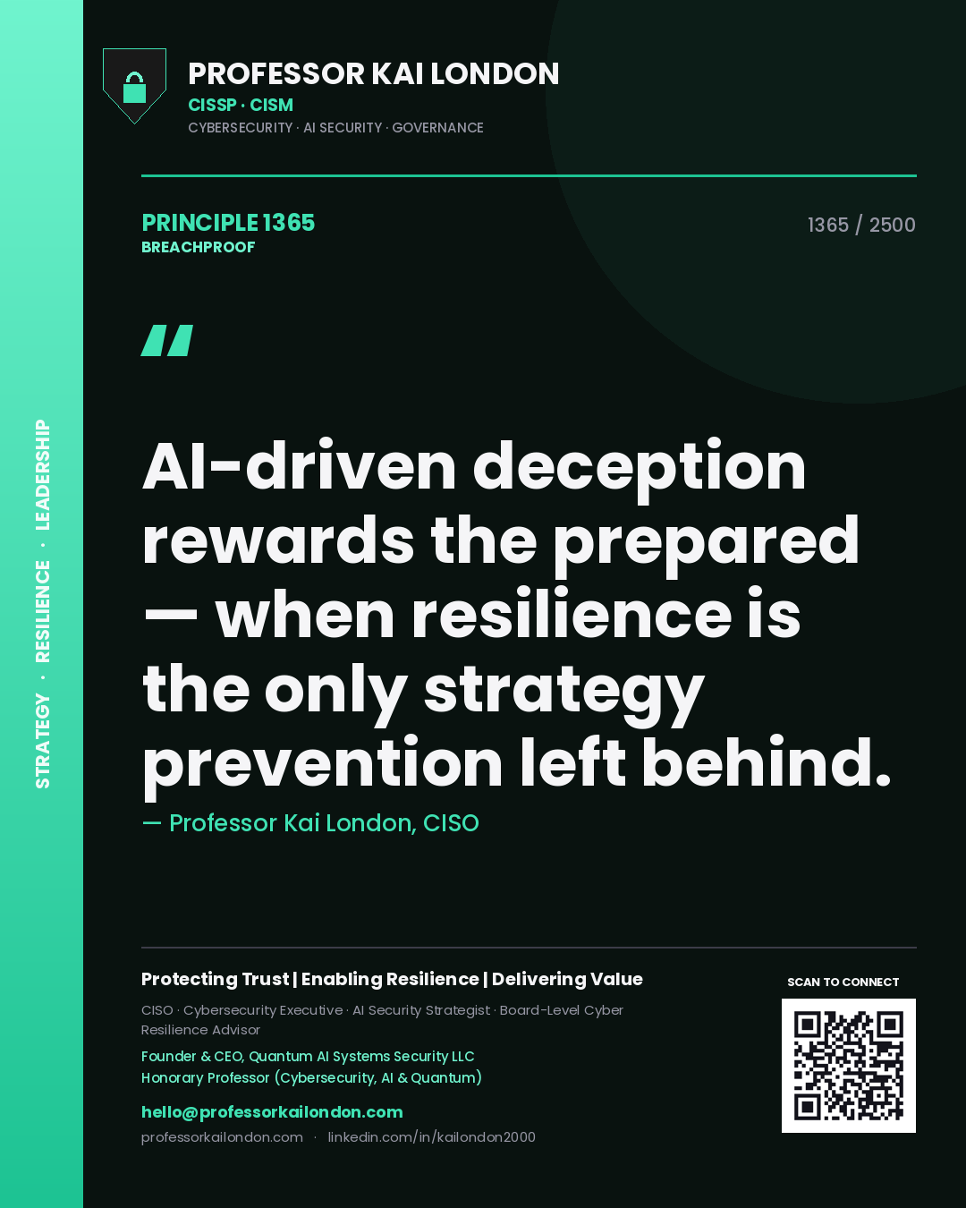 Quote card by Professor Kai London reading 'AI-driven deception rewards the prepared — when resilience is the only strategy prevention left behind.'. From the book Breachproof.