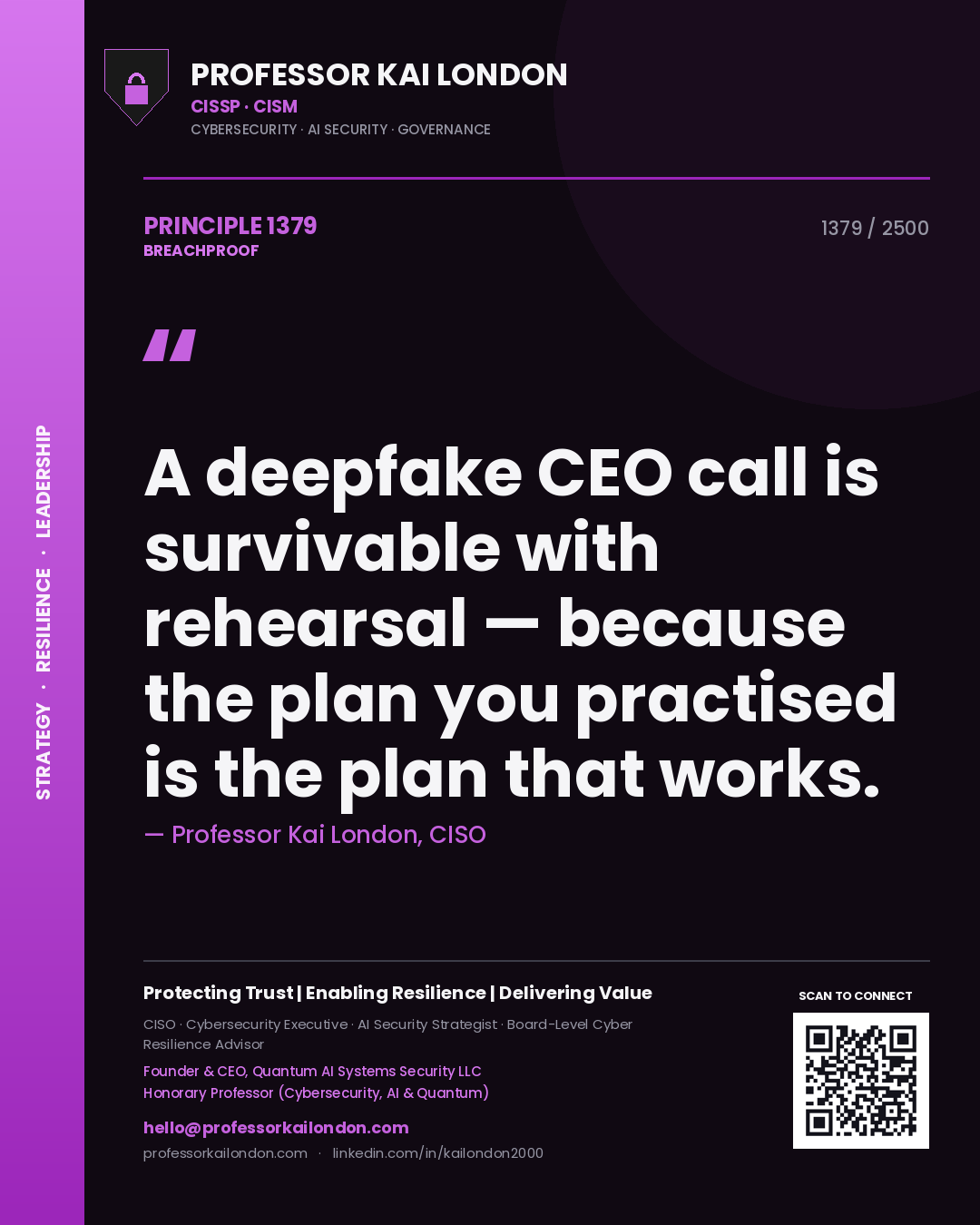 Quote card by Professor Kai London reading 'A deepfake CEO call is survivable with rehearsal — because the plan you practised is the plan that works.'. From the book Breachproof.