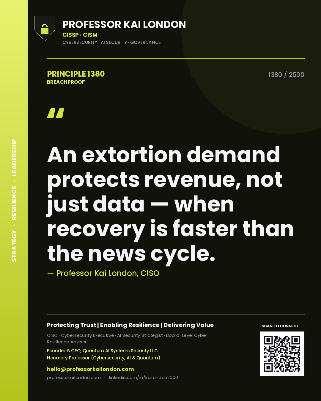 Quote card by Professor Kai London reading 'An extortion demand protects revenue, not just data — when recovery is faster than the news cycle.'. From the book Breachproof.