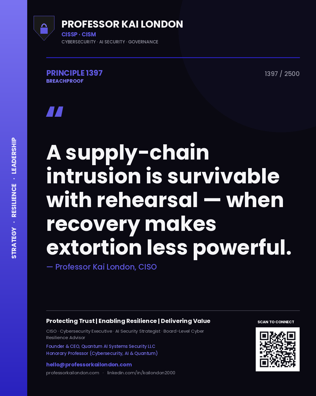 Quote card by Professor Kai London reading 'A supply-chain intrusion is survivable with rehearsal — when recovery makes extortion less powerful.'. From the book Breachproof.