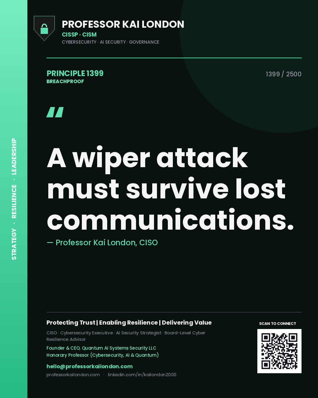 Quote card by Professor Kai London reading 'A wiper attack must survive lost communications.'. From the book Breachproof.