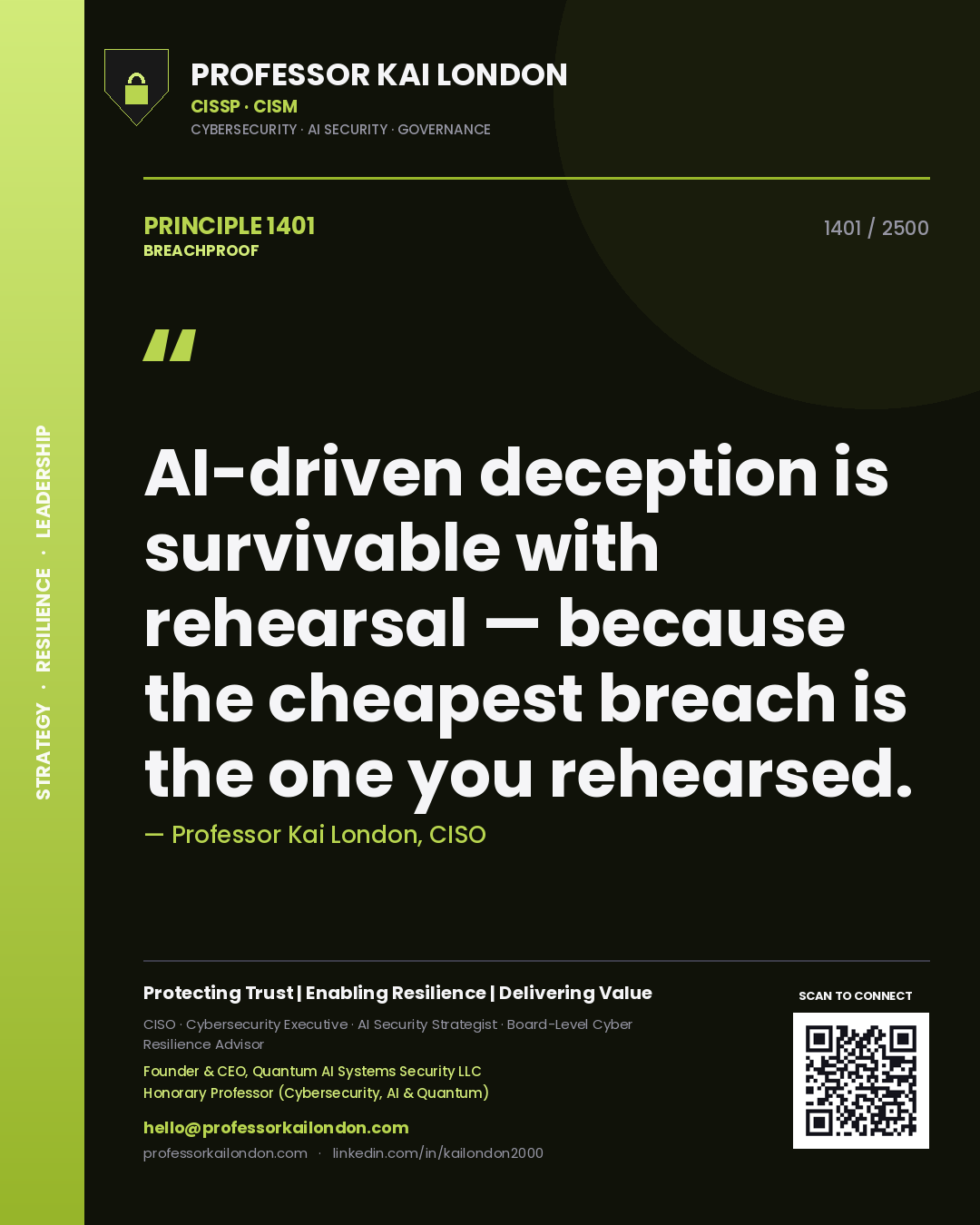 Quote card by Professor Kai London reading 'AI-driven deception is survivable with rehearsal — because the cheapest breach is the one you rehearsed.'. From the book Breachproof.
