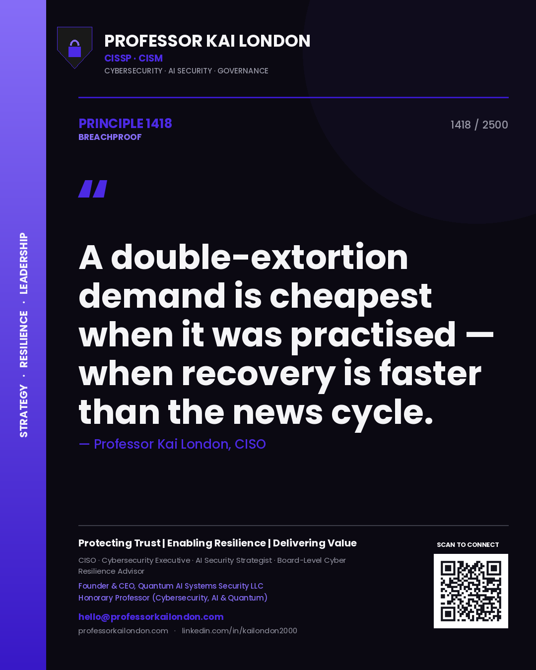 Quote card by Professor Kai London reading 'A double-extortion demand is cheapest when it was practised — when recovery is faster than the news cycle.'. From the book Breachproof.