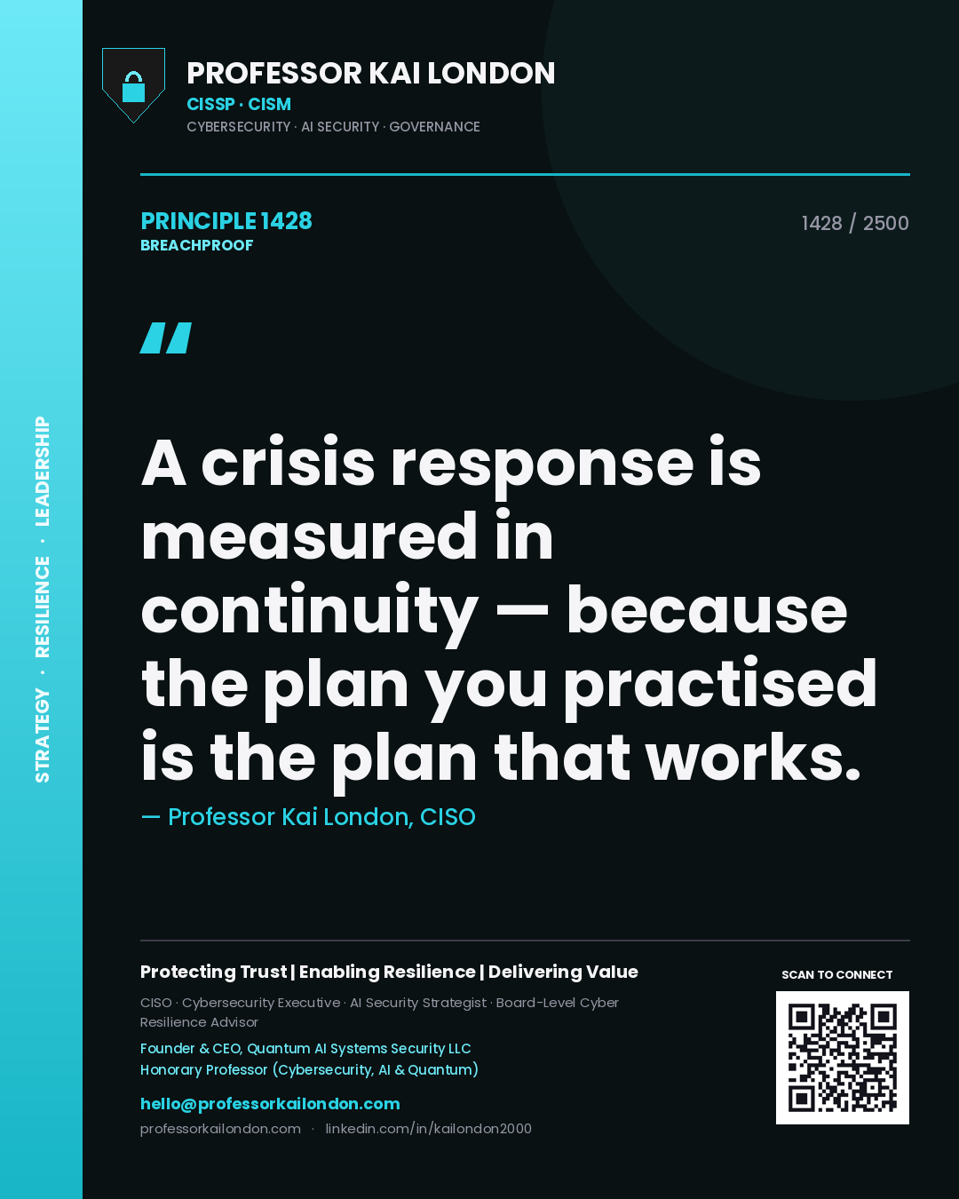 Quote card by Professor Kai London reading 'A crisis response is measured in continuity — because the plan you practised is the plan that works.'. From the book Breachproof.