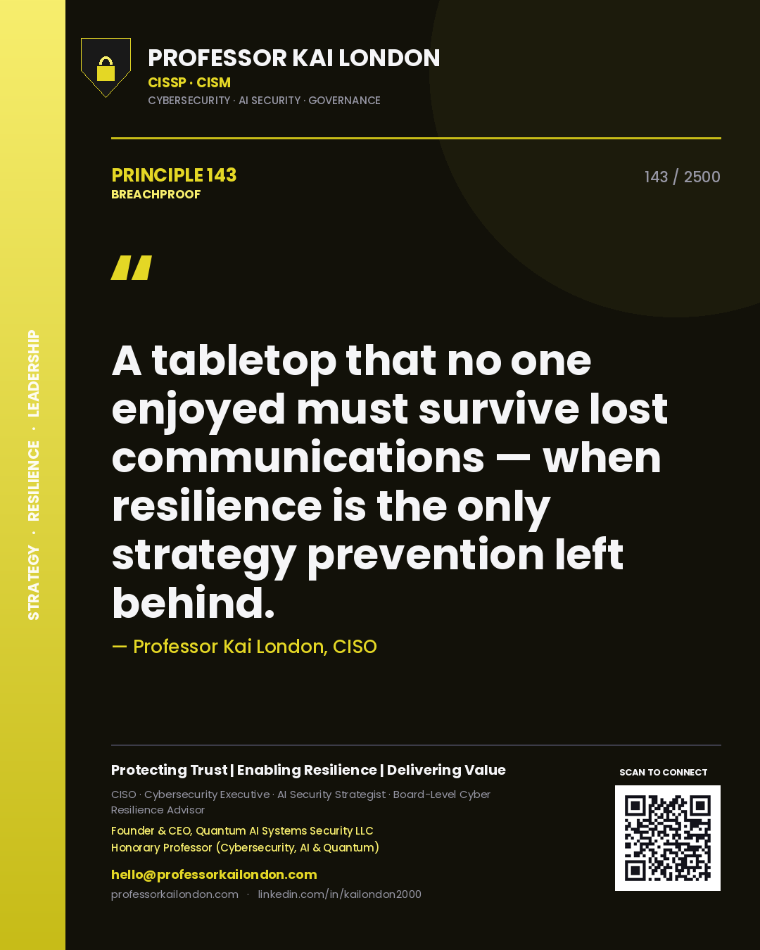 Quote card by Professor Kai London reading 'A tabletop that no one enjoyed must survive lost communications — when resilience is the only strategy prevention left behind.'. From the book Breachproof.