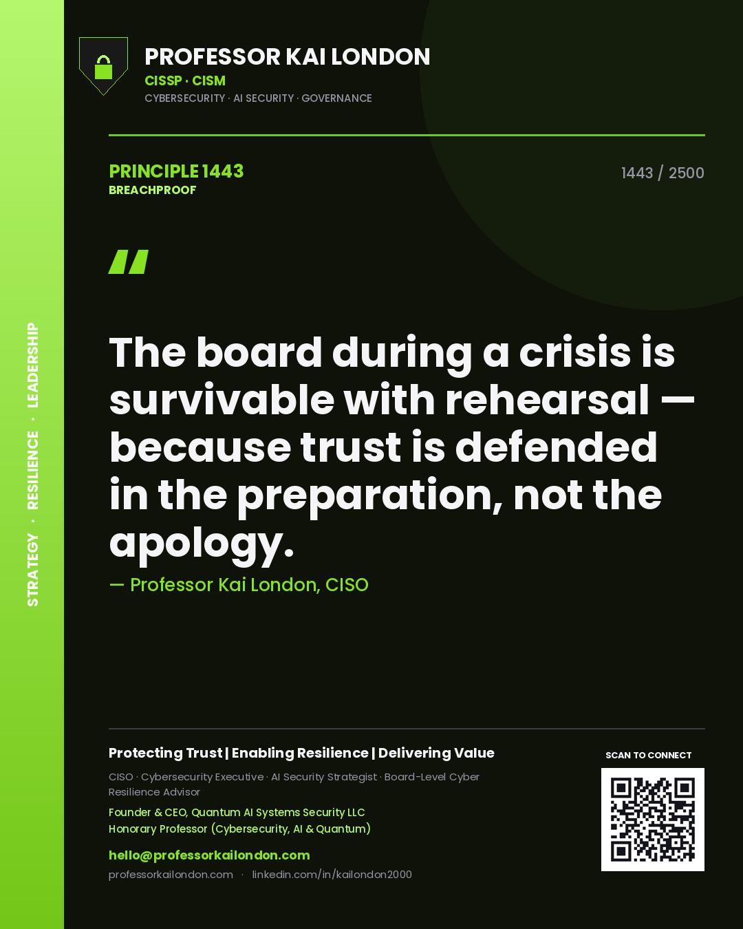 Quote card by Professor Kai London reading 'The board during a crisis is survivable with rehearsal — because trust is defended in the preparation, not the apology.'. From the book Breachproof.