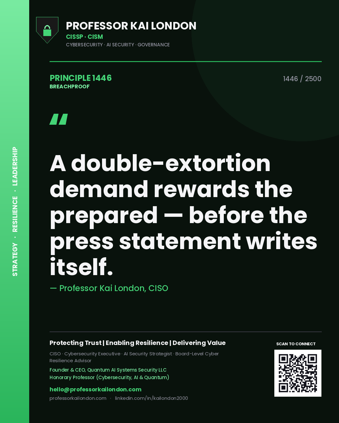Quote card by Professor Kai London reading 'A double-extortion demand rewards the prepared — before the press statement writes itself.'. From the book Breachproof.