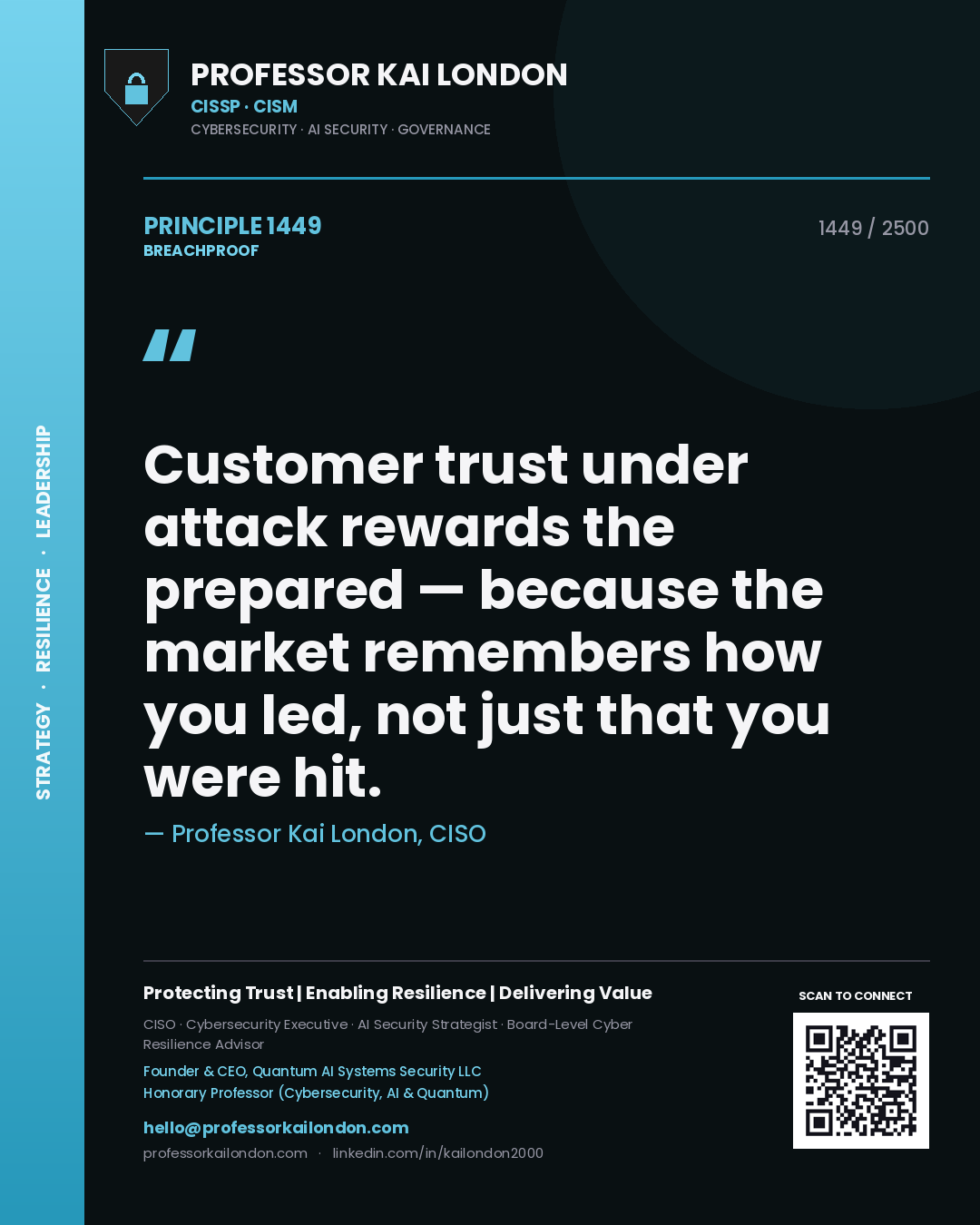 Quote card by Professor Kai London reading 'Customer trust under attack rewards the prepared — because the market remembers how you led, not just that you were hit.'. From the book Breachproof.