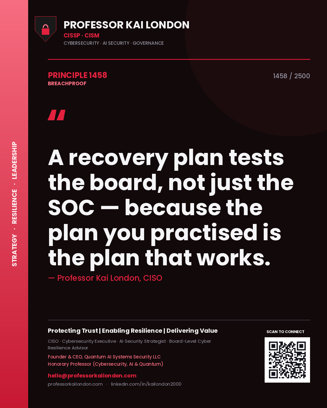 Quote card by Professor Kai London reading 'A recovery plan tests the board, not just the SOC — because the plan you practised is the plan that works.'. From the book Breachproof.