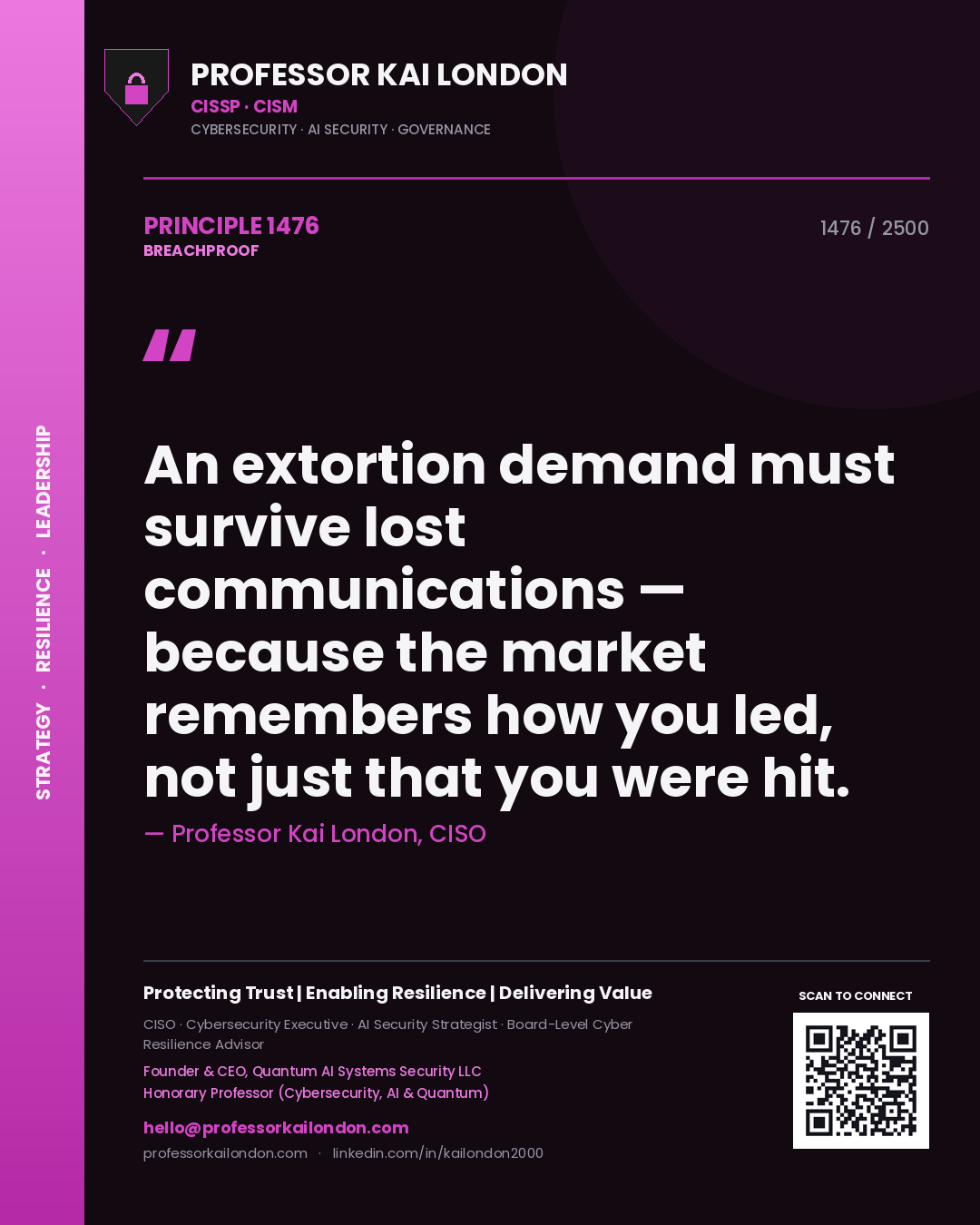 Quote card by Professor Kai London reading 'An extortion demand must survive lost communications — because the market remembers how you led, not just that you were hit.'. From the book Breachproof.